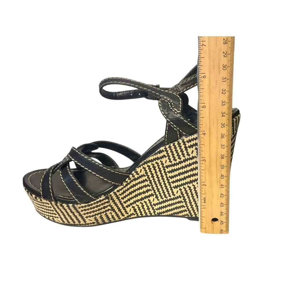 Vince Camuto Black Leather Woven Geometric Platform Wedge Sandals 9B 39